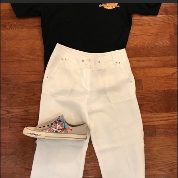 WHITE LINEN CAPRI PANTS LARRY LEVINE SIZE 4 SUMMER RESORT VACATION - Picture 3 of 5